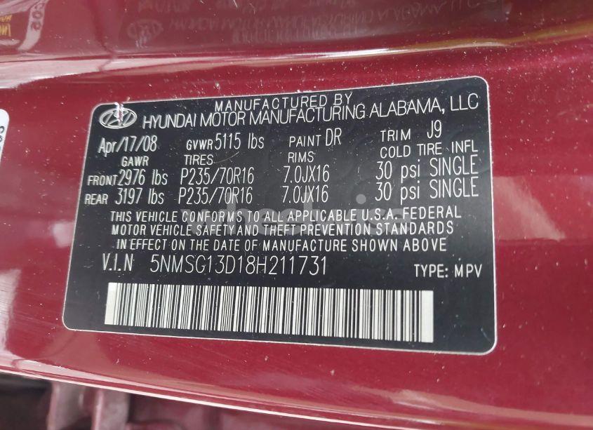 Photo 9 of 2008 Hyundai Santa FE GLS (VIN 5NMSG13D18H211731)