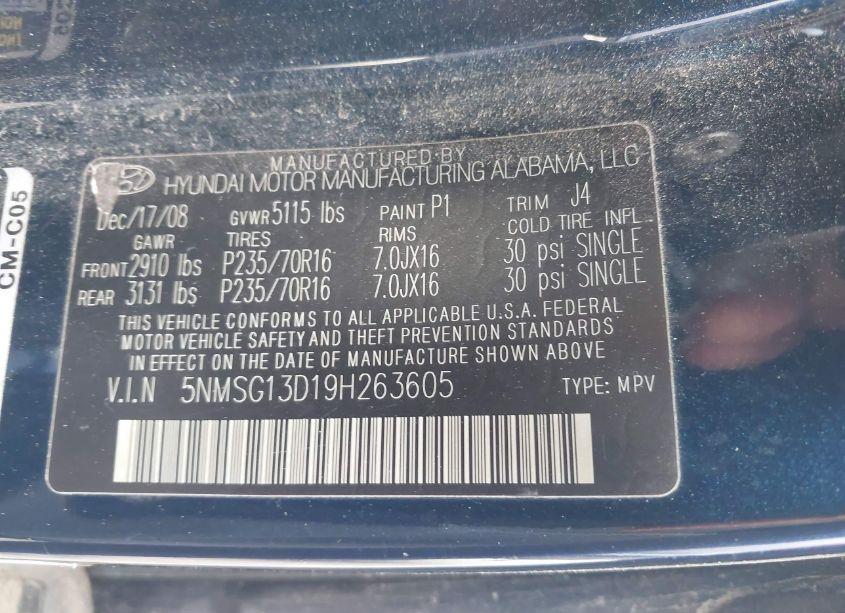 Photo 9 of 2009 Hyundai Santa FE GLS (VIN 5NMSG13D19H263605)