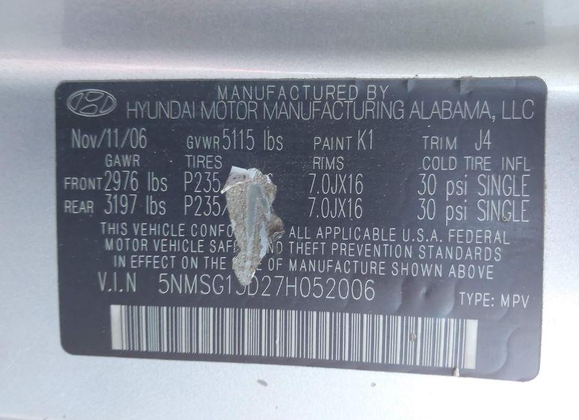 Photo 9 of 2007 Hyundai Santa FE GLS (VIN 5NMSG13D27H052006)