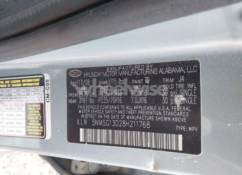 Photo 9 of 2008 Hyundai Santa FE GLS (VIN 5NMSG13D28H211768)