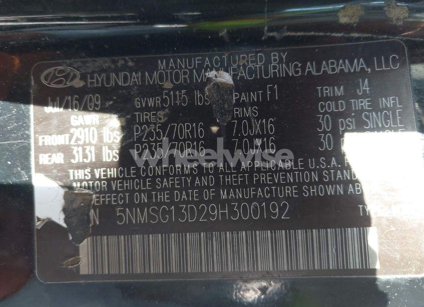 Photo 9 of 2009 Hyundai Santa FE GLS (VIN 5NMSG13D29H300192)