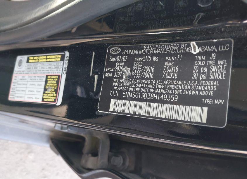 Photo 9 of 2008 Hyundai Santa FE GLS (VIN 5NMSG13D38H149359)