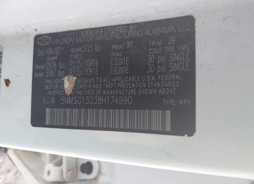 Photo 9 of 2008 Hyundai Santa FE GLS (VIN 5NMSG13D38H174990)