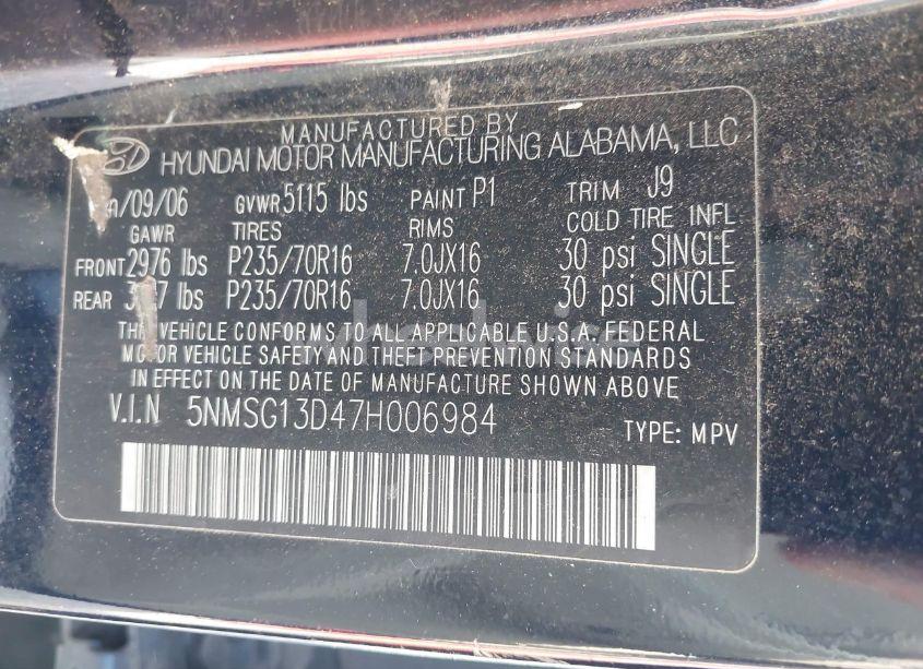 Photo 9 of 2007 Hyundai Santa FE GLS (VIN 5NMSG13D47H006984)