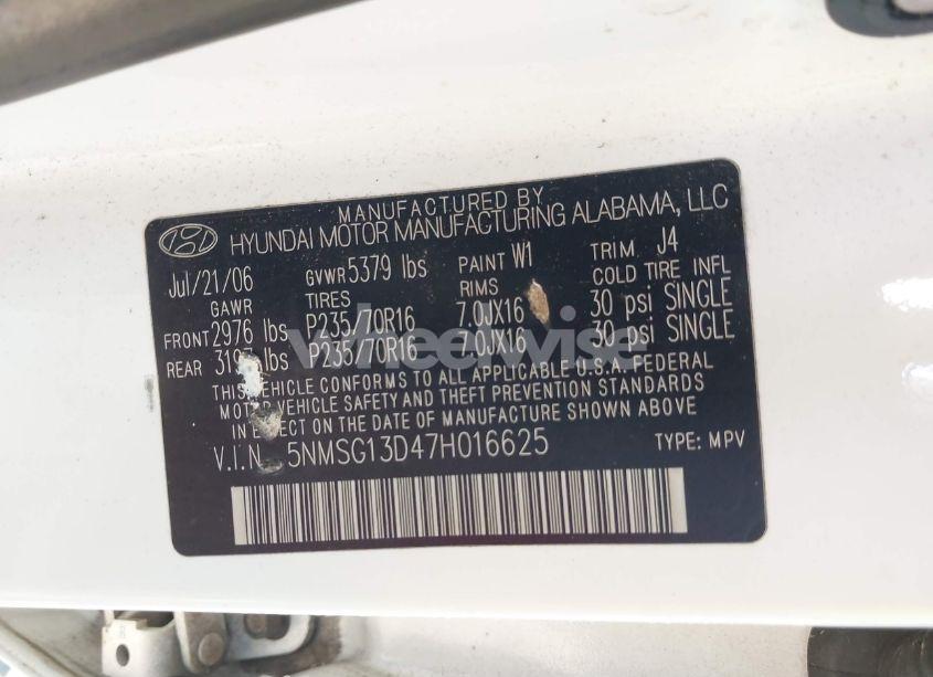 Photo 9 of 2007 Hyundai Santa FE GLS (VIN 5NMSG13D47H016625)