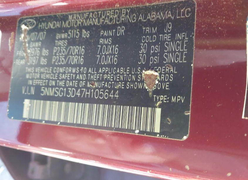 Photo 9 of 2007 Hyundai Santa FE GLS (VIN 5NMSG13D47H105644)