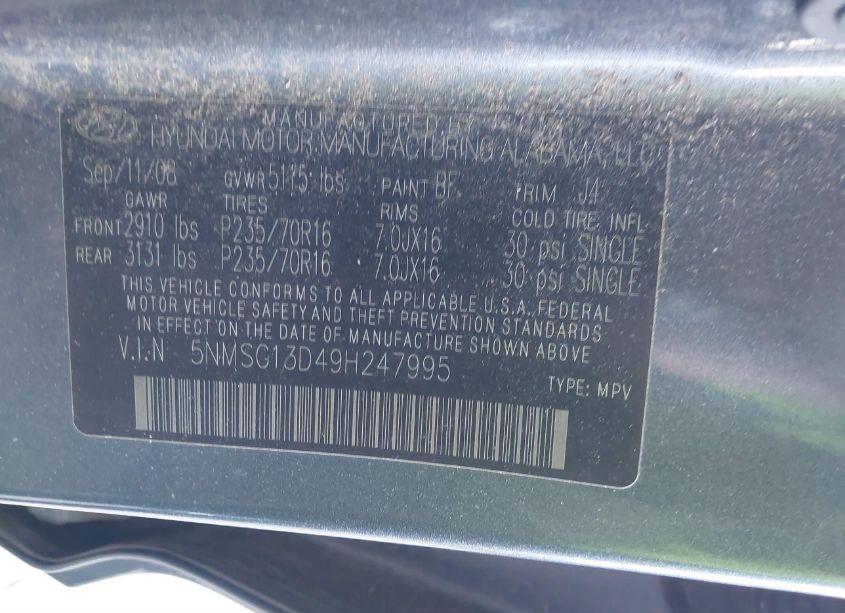 Photo 9 of 2009 Hyundai Santa FE GLS (VIN 5NMSG13D49H247995)