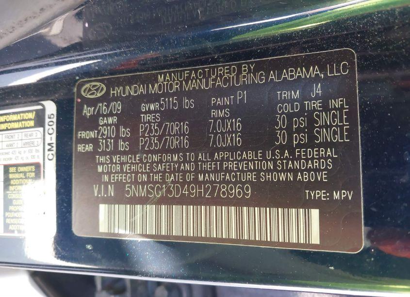 Photo 9 of 2009 Hyundai Santa FE GLS (VIN 5NMSG13D49H278969)