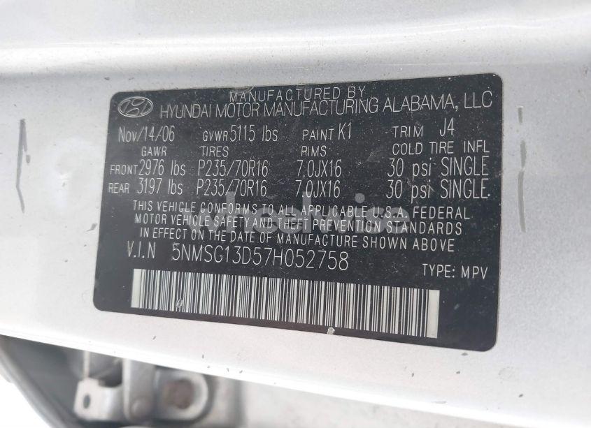Photo 9 of 2007 Hyundai Santa FE GLS (VIN 5NMSG13D57H052758)