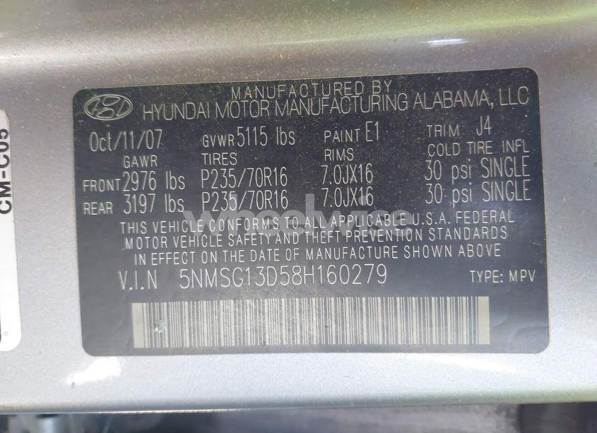 Photo 9 of 2008 Hyundai Santa FE GLS (VIN 5NMSG13D58H160279)