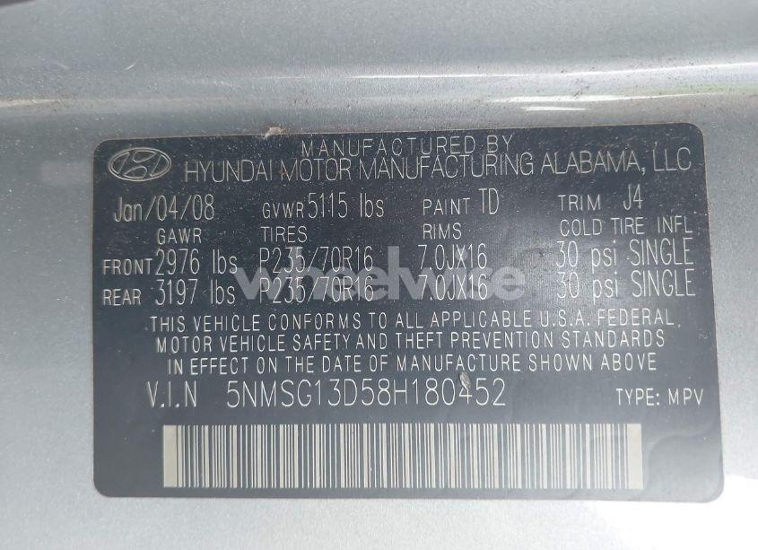 Photo 9 of 2008 Hyundai Santa FE GLS (VIN 5NMSG13D58H180452)