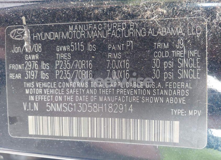 Photo 9 of 2008 Hyundai Santa FE GLS (VIN 5NMSG13D58H182914)