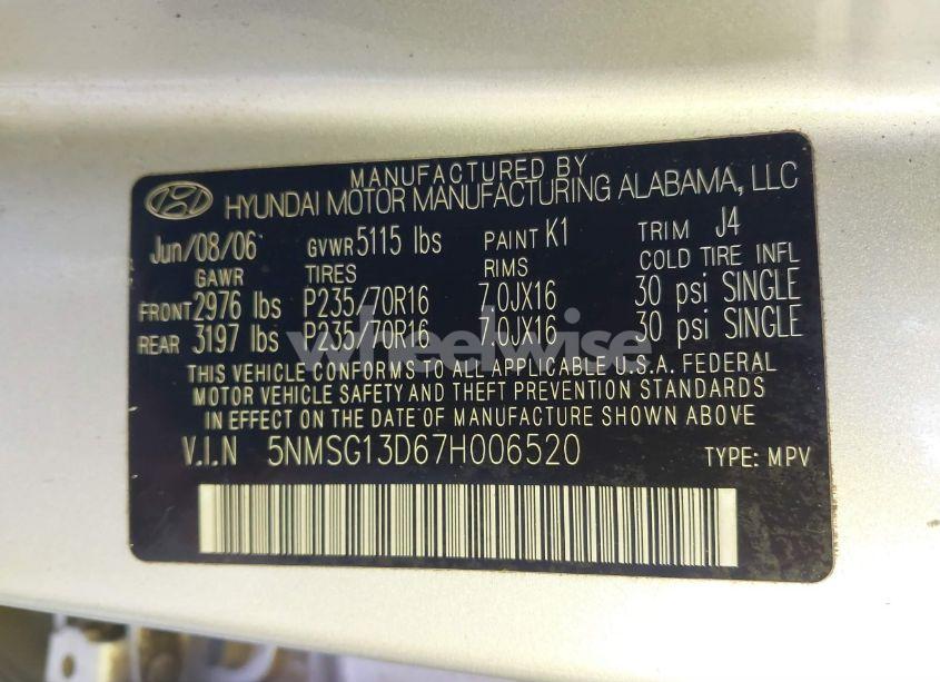 Photo 9 of 2007 Hyundai Santa FE GLS (VIN 5NMSG13D67H006520)