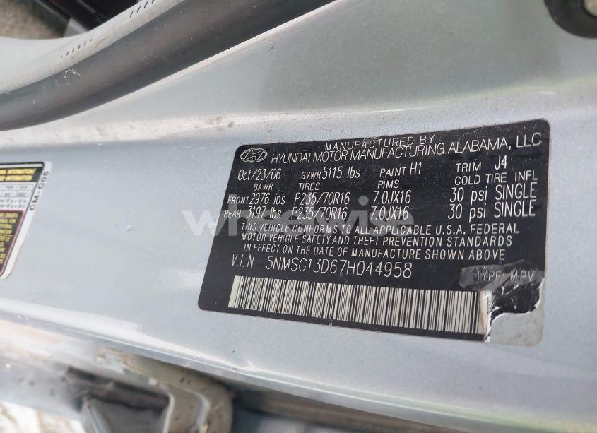 Photo 9 of 2007 Hyundai Santa FE GLS (VIN 5NMSG13D67H044958)