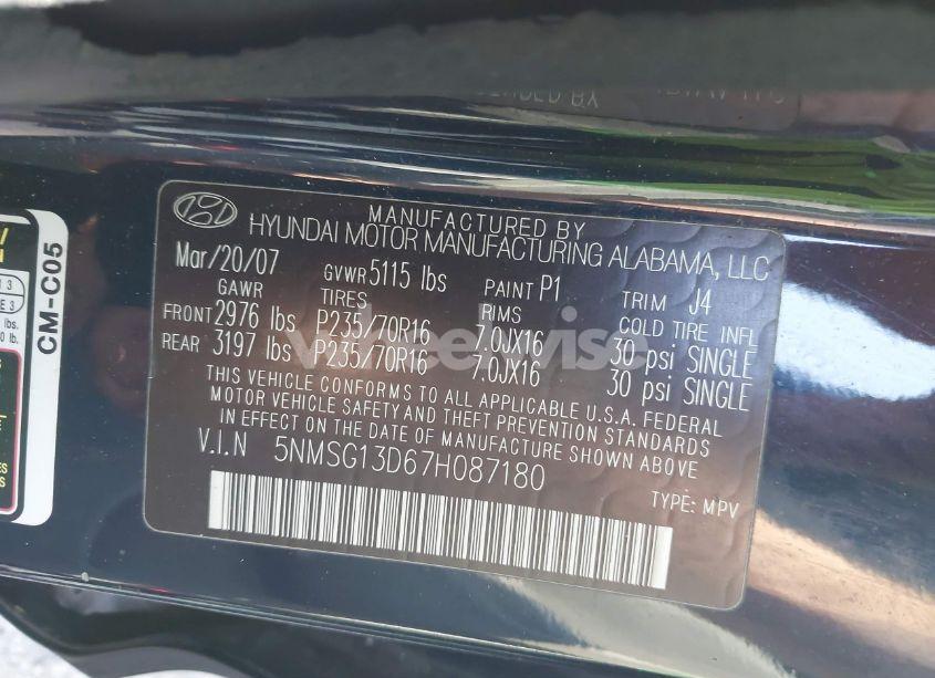 Photo 9 of 2007 Hyundai Santa FE GLS (VIN 5NMSG13D67H087180)