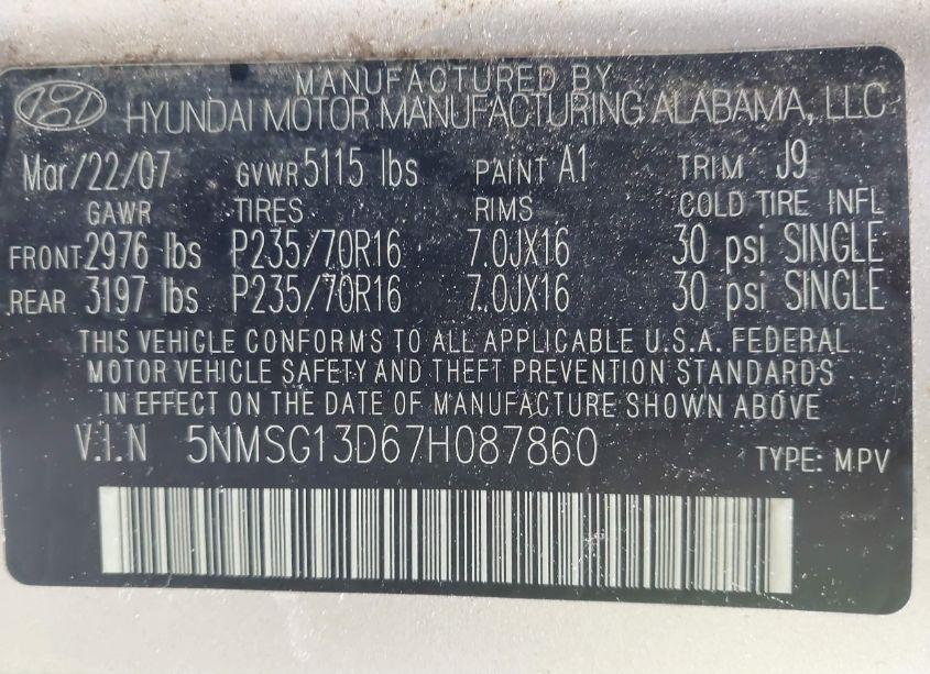 Photo 9 of 2007 Hyundai Santa FE GLS (VIN 5NMSG13D67H087860)