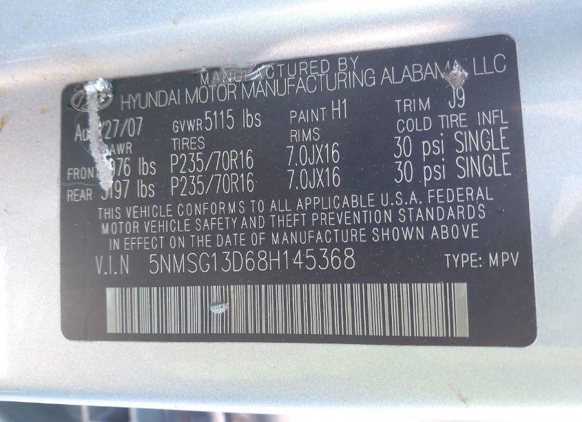 Photo 9 of 2008 Hyundai Santa FE GLS (VIN 5NMSG13D68H145368)