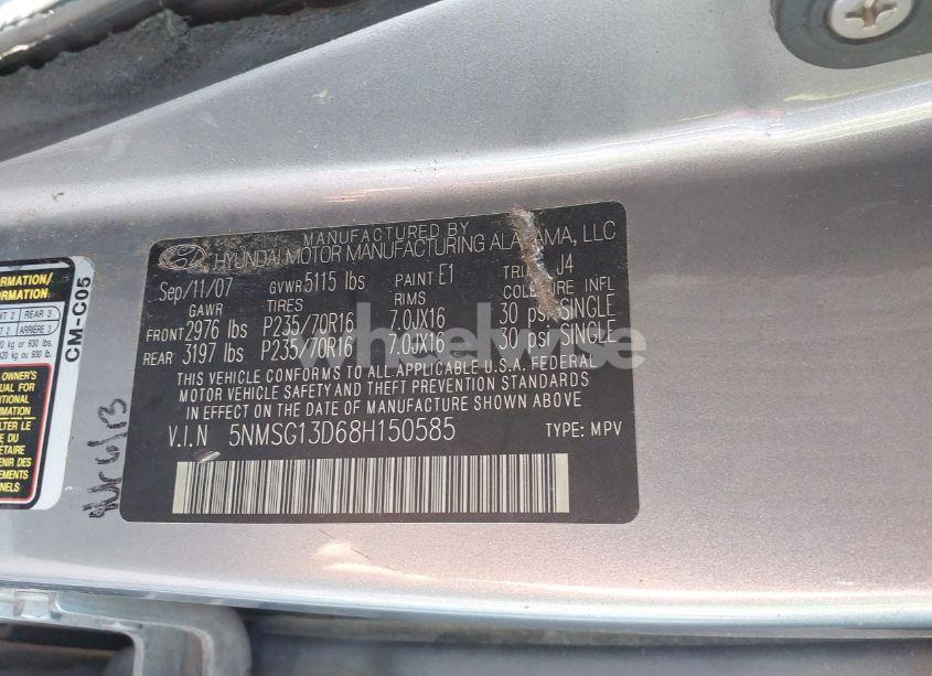 Photo 9 of 2008 Hyundai Santa FE GLS (VIN 5NMSG13D68H150585)