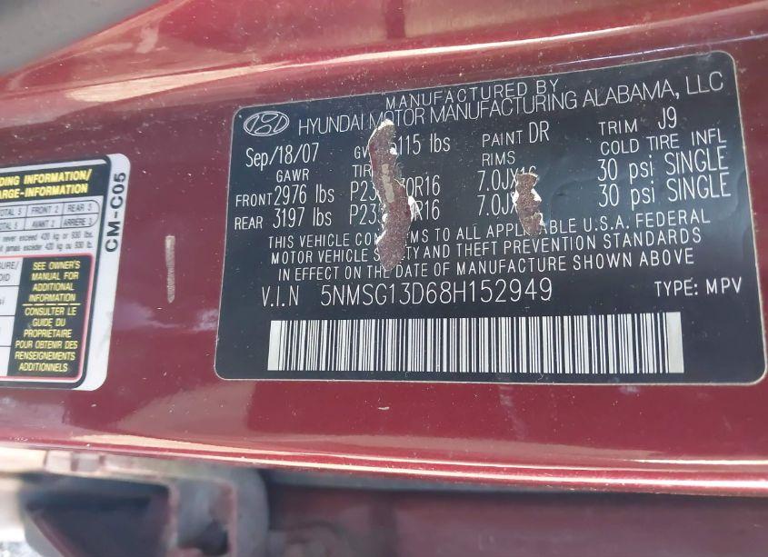 Photo 9 of 2008 Hyundai Santa FE GLS (VIN 5NMSG13D68H152949)