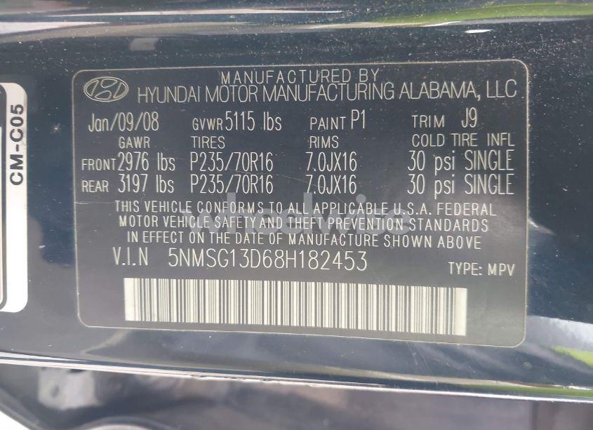 Photo 9 of 2008 Hyundai Santa FE GLS (VIN 5NMSG13D68H182453)