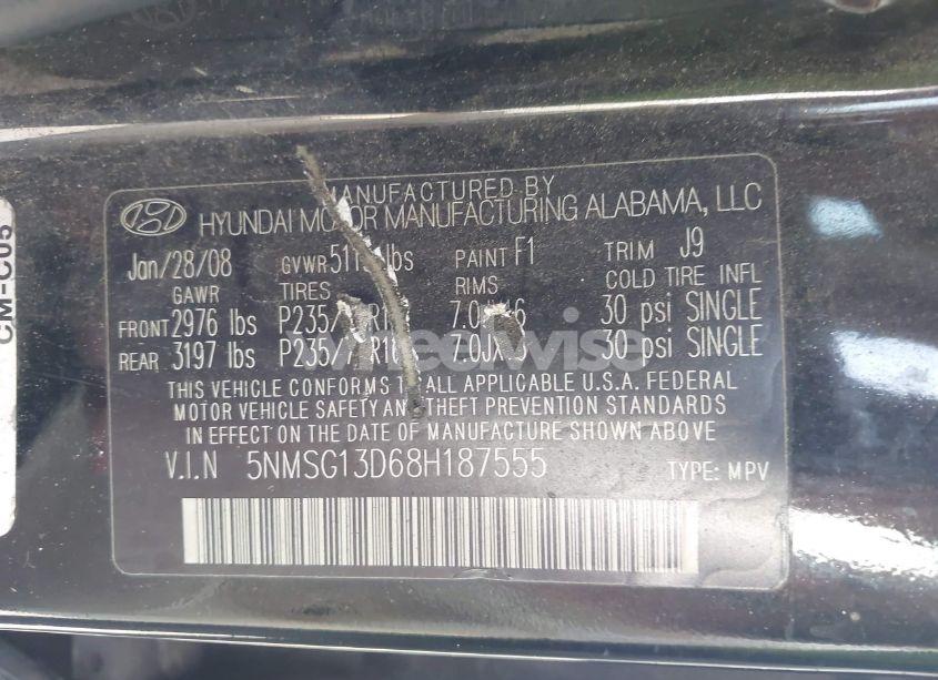 Photo 9 of 2008 Hyundai Santa FE GLS (VIN 5NMSG13D68H187555)