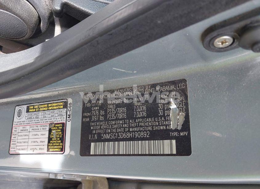 Photo 9 of 2008 Hyundai Santa FE GLS (VIN 5NMSG13D68H190892)