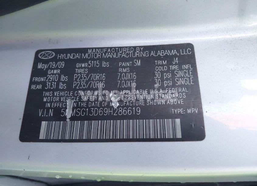 Photo 9 of 2009 Hyundai Santa FE GLS (VIN 5NMSG13D69H286619)