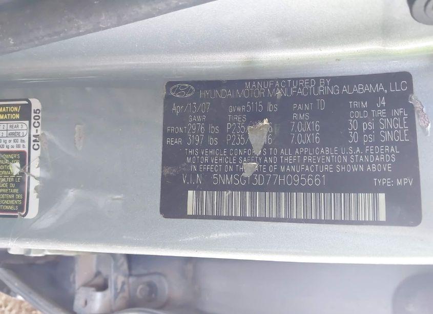 Photo 9 of 2007 Hyundai Santa FE GLS (VIN 5NMSG13D77H095661)