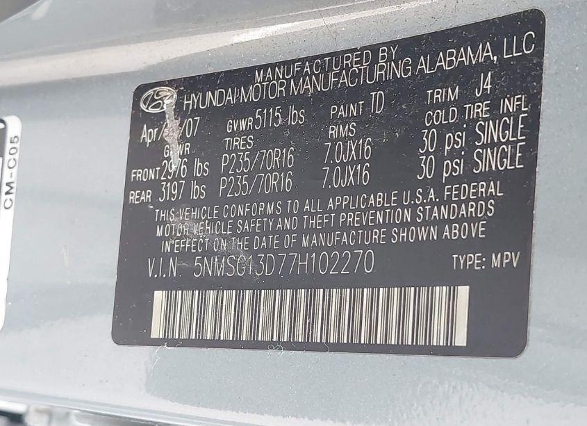 Photo 9 of 2007 Hyundai Santa FE GLS (VIN 5NMSG13D77H102270)