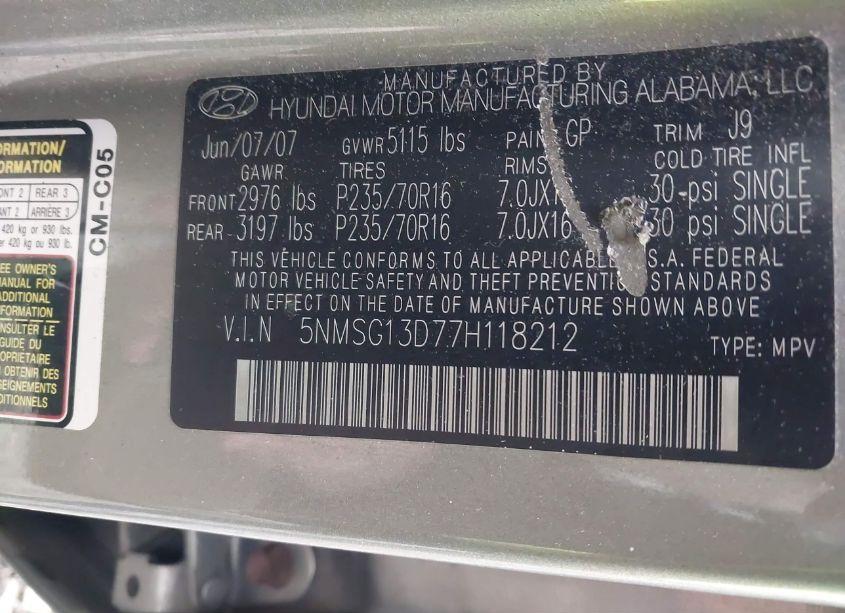 Photo 9 of 2007 Hyundai Santa FE GLS (VIN 5NMSG13D77H118212)