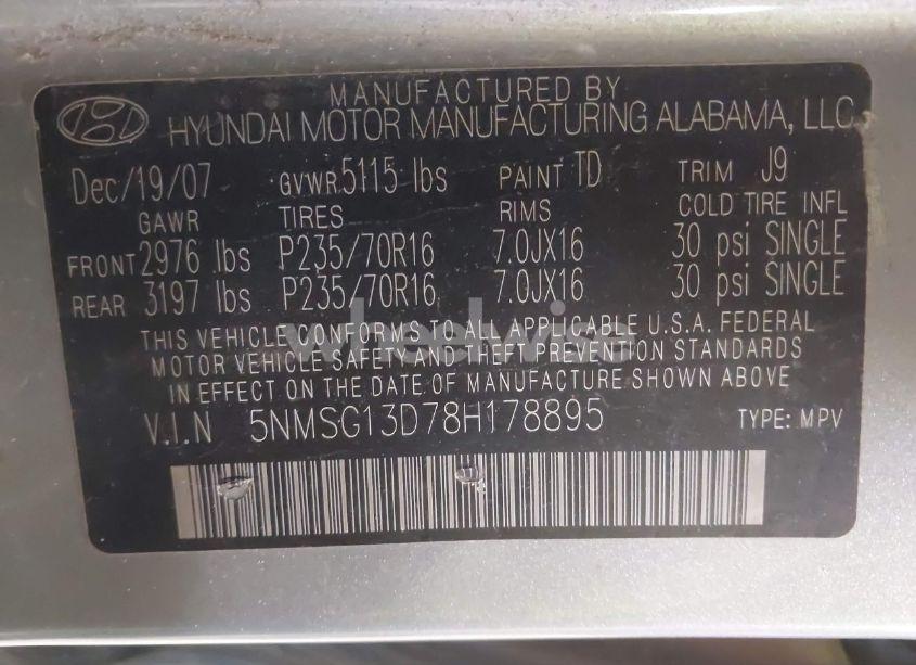 Photo 9 of 2008 Hyundai Santa FE GLS (VIN 5NMSG13D78H178895)