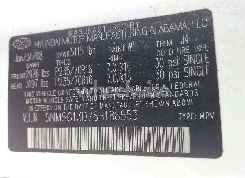 Photo 9 of 2008 Hyundai Santa FE GLS (VIN 5NMSG13D78H188553)