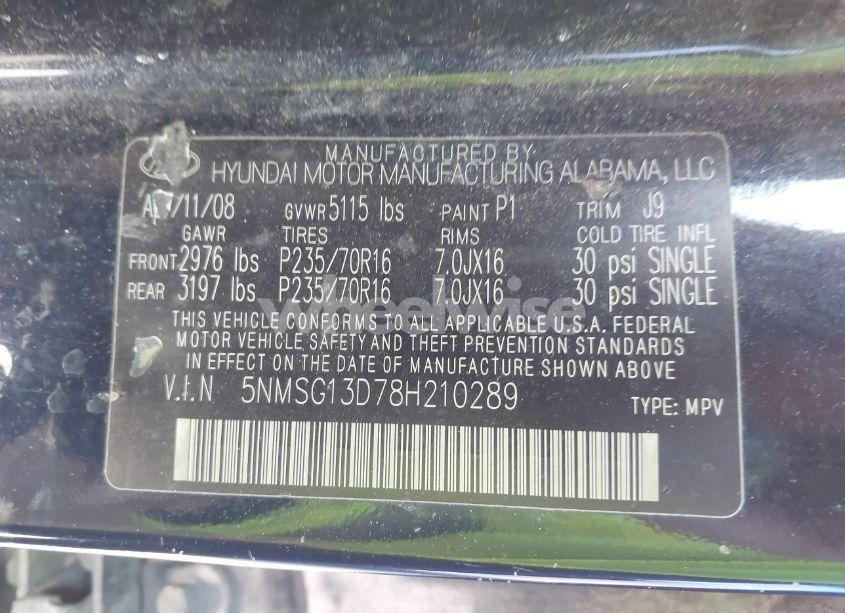 Photo 9 of 2008 Hyundai Santa FE GLS (VIN 5NMSG13D78H210289)