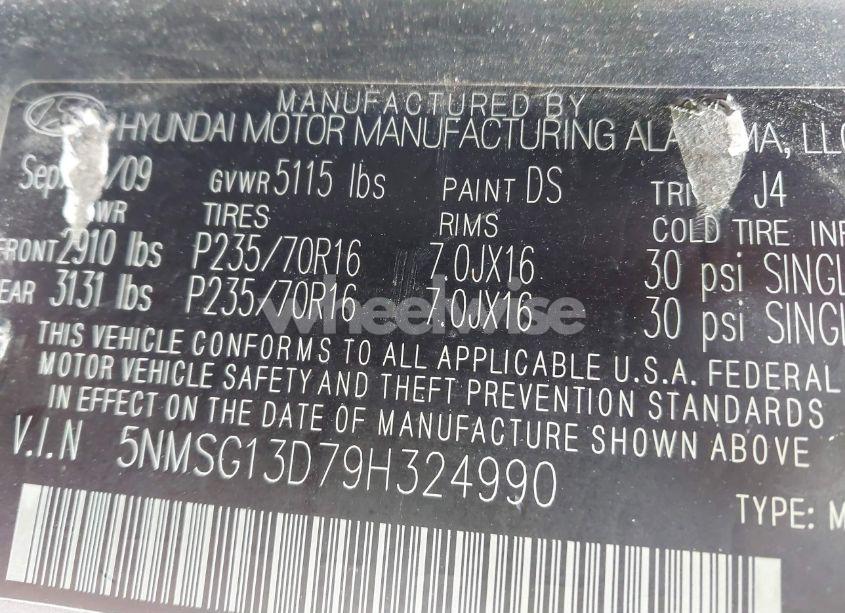 Photo 9 of 2009 Hyundai Santa FE GLS (VIN 5NMSG13D79H324990)