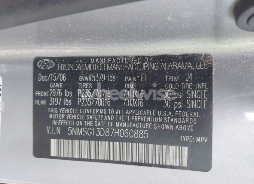 Photo 9 of 2007 Hyundai Santa FE GLS (VIN 5NMSG13D87H060885)