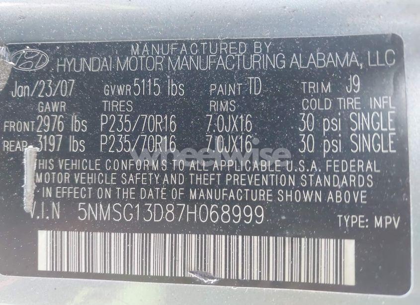 Photo 9 of 2007 Hyundai Santa FE GLS (VIN 5NMSG13D87H068999)