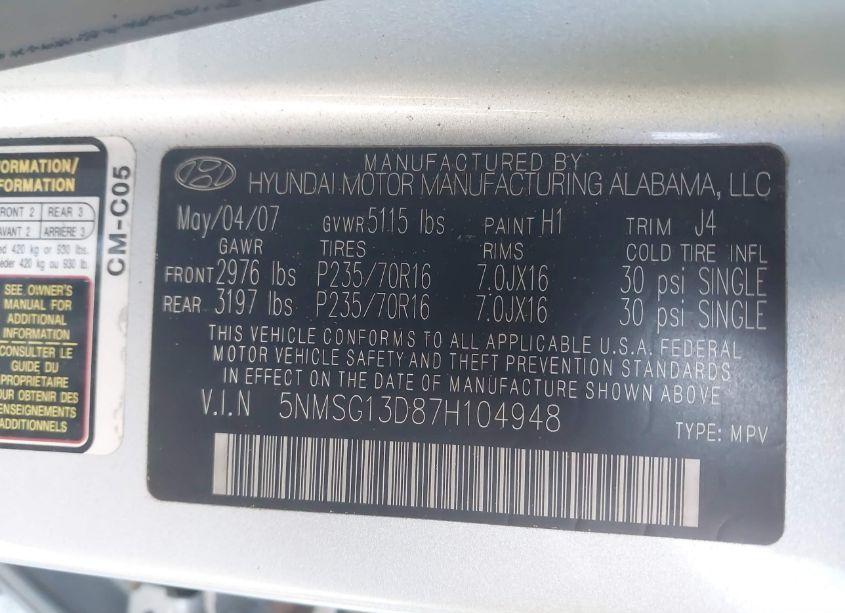 Photo 9 of 2007 Hyundai Santa FE GLS (VIN 5NMSG13D87H104948)