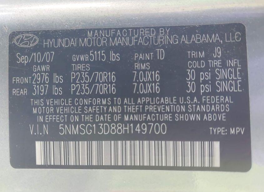 Photo 9 of 2008 Hyundai Santa FE GLS (VIN 5NMSG13D88H149700)