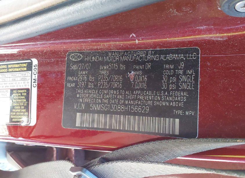 Photo 9 of 2008 Hyundai Santa FE GLS (VIN 5NMSG13D88H156629)