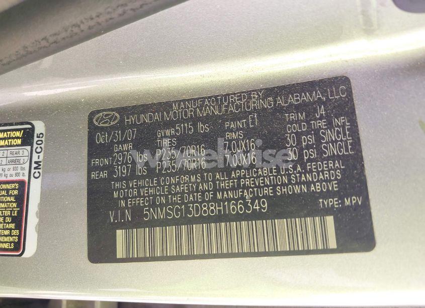 Photo 9 of 2008 Hyundai Santa FE GLS (VIN 5NMSG13D88H166349)