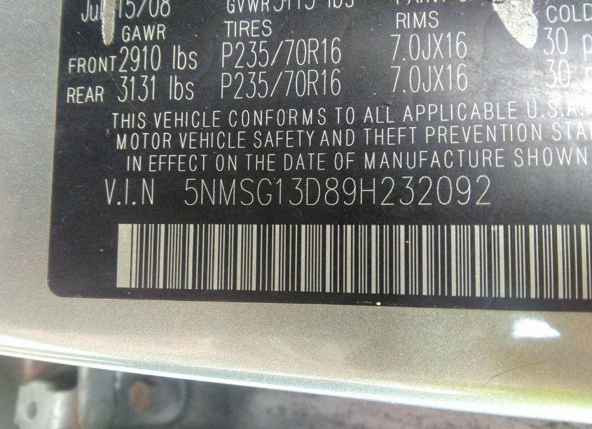 Photo 9 of 2009 Hyundai Santa FE GLS (VIN 5NMSG13D89H232092)