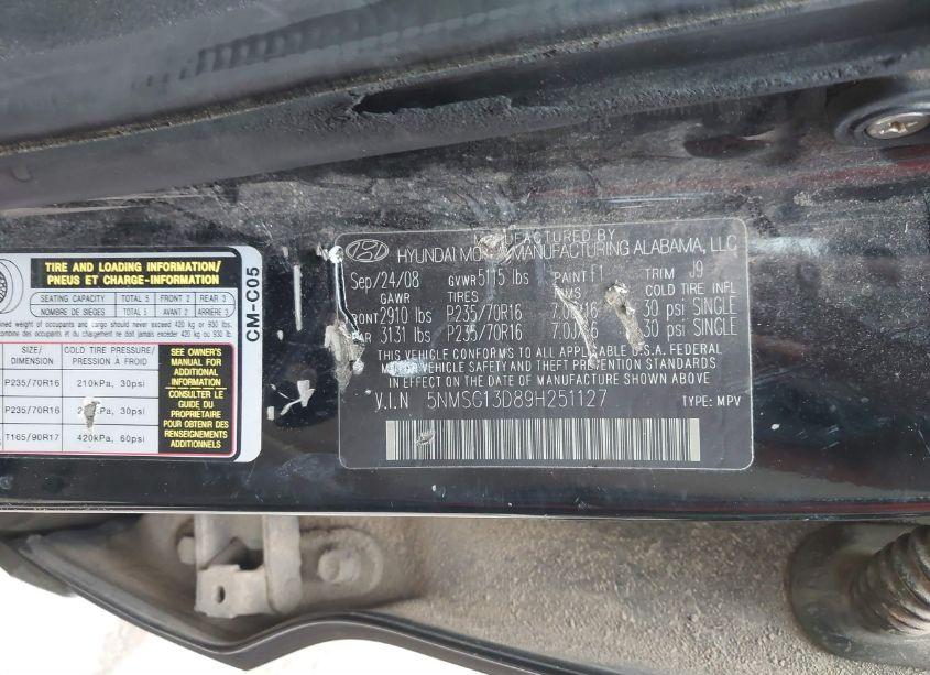 Photo 9 of 2009 Hyundai Santa FE GLS (VIN 5NMSG13D89H251127)