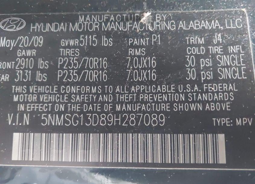 Photo 9 of 2009 Hyundai Santa FE GLS (VIN 5NMSG13D89H287089)