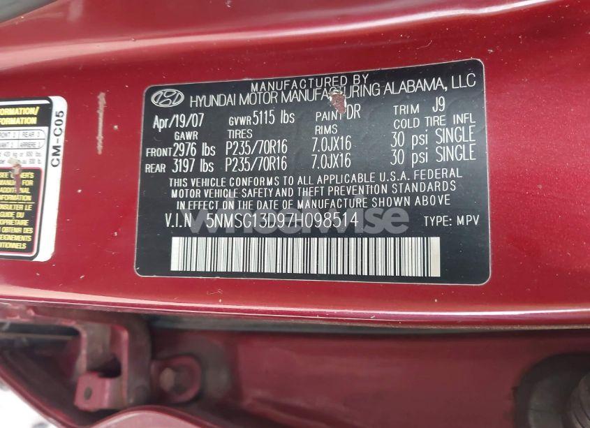 Photo 9 of 2007 Hyundai Santa FE GLS (VIN 5NMSG13D97H098514)