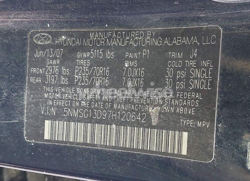 Photo 9 of 2007 Hyundai Santa FE GLS (VIN 5NMSG13D97H120642)