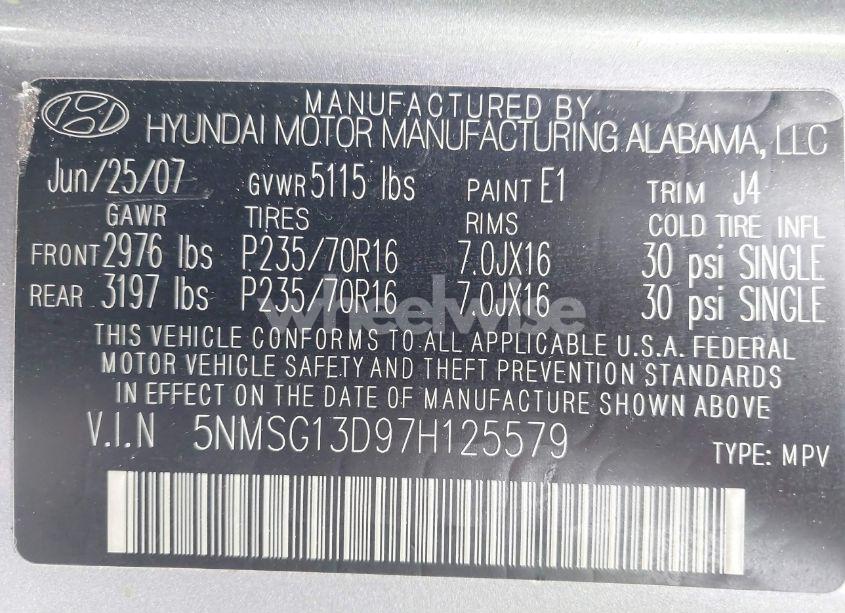 Photo 9 of 2007 Hyundai Santa FE GLS (VIN 5NMSG13D97H125579)