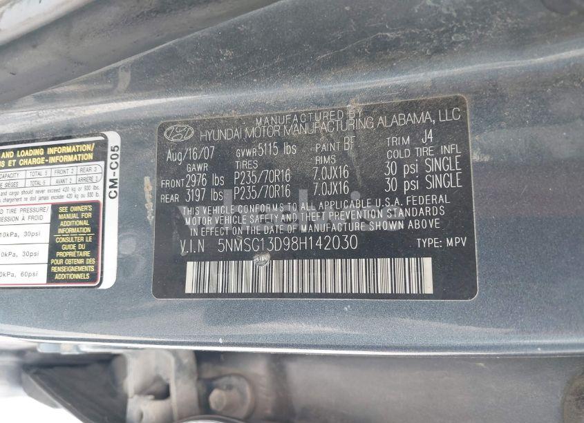 Photo 9 of 2008 Hyundai Santa FE GLS (VIN 5NMSG13D98H142030)