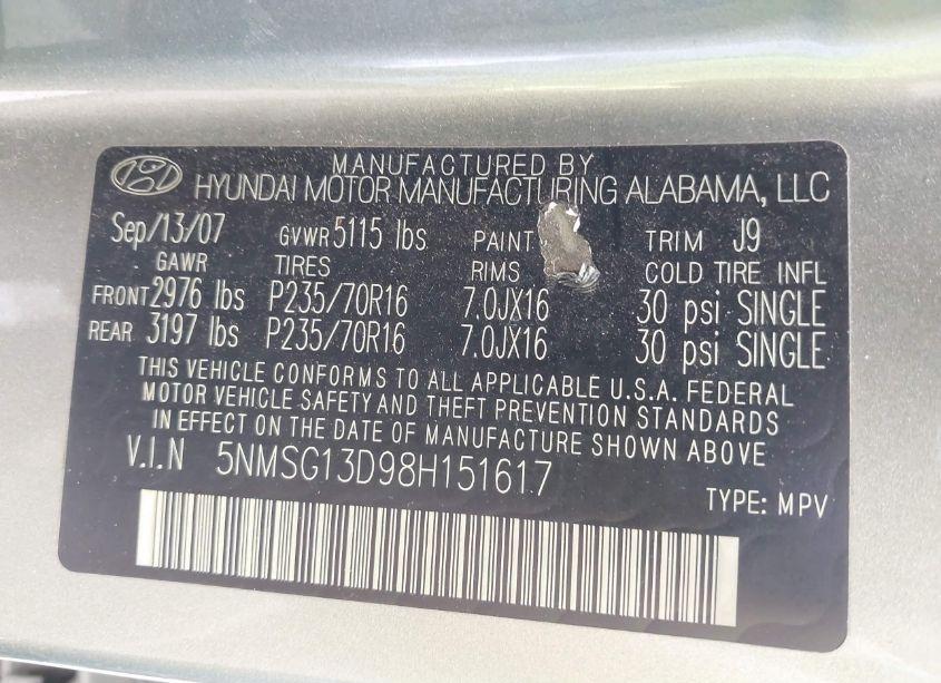 Photo 9 of 2008 Hyundai Santa FE GLS (VIN 5NMSG13D98H151617)