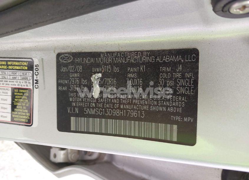 Photo 9 of 2008 Hyundai Santa FE GLS (VIN 5NMSG13D98H179613)