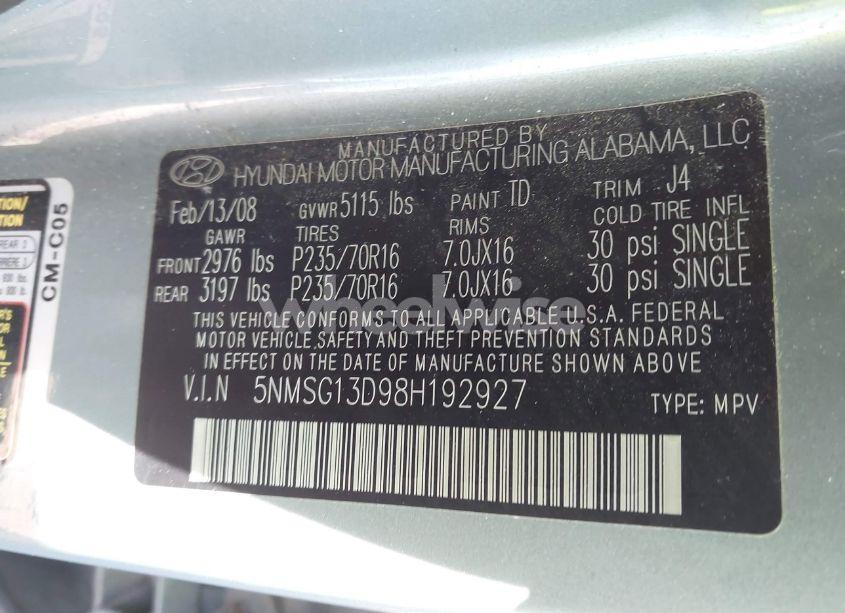 Photo 9 of 2008 Hyundai Santa FE GLS (VIN 5NMSG13D98H192927)